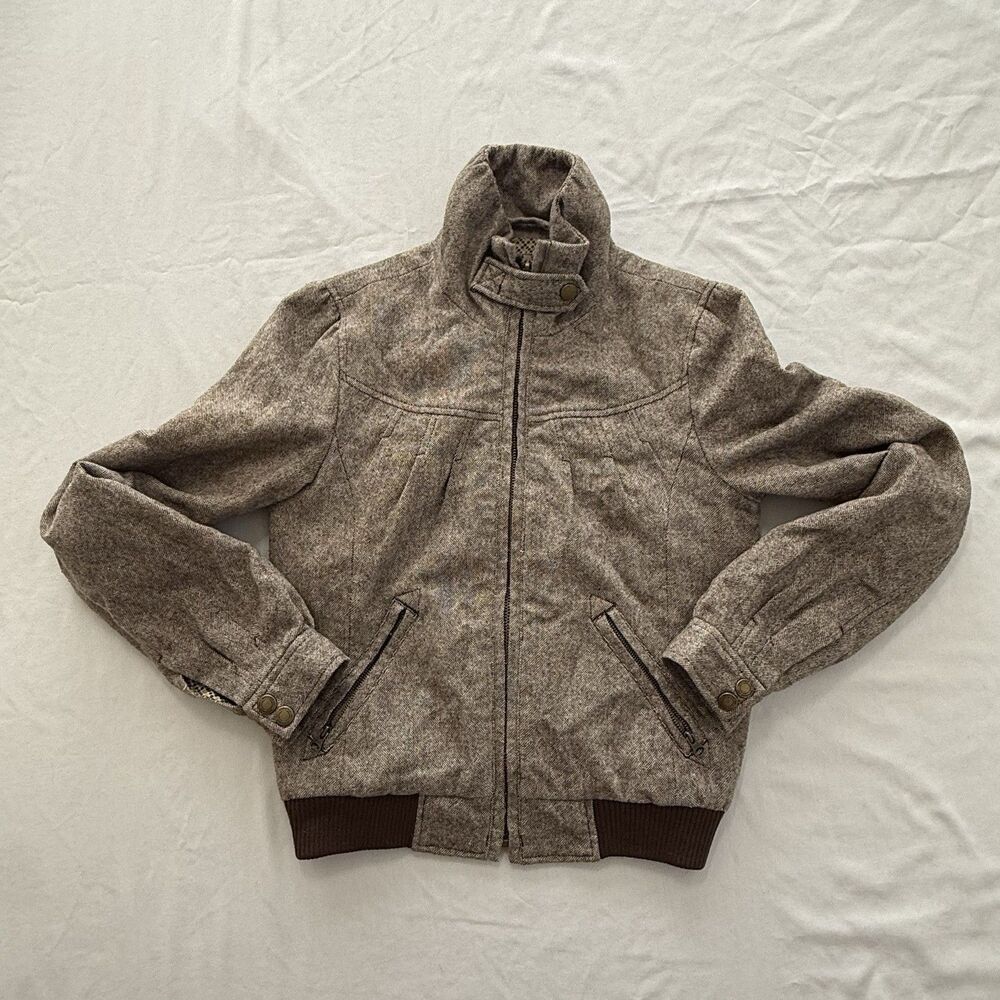 Heritage 1981 Brown Retro Bomber Jacket Front Zipper Women's Small Wool Blend